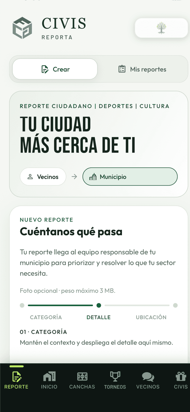 Pantalla de Colmena CIVIS para crear un reporte ciudadano