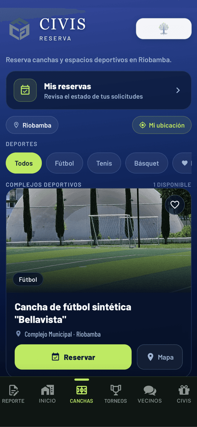 Pantalla de Colmena CIVIS para reservar canchas y espacios deportivos